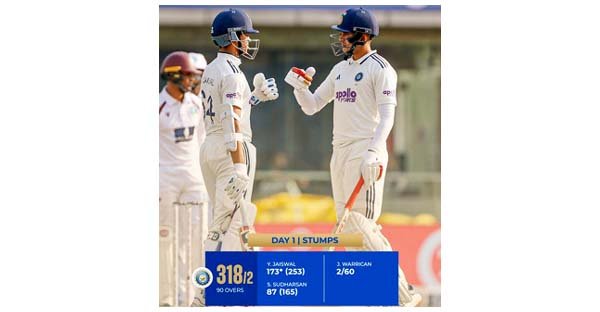 Jaiswal’s artistry, Sudharsan’s elegance put India on top at 318/2